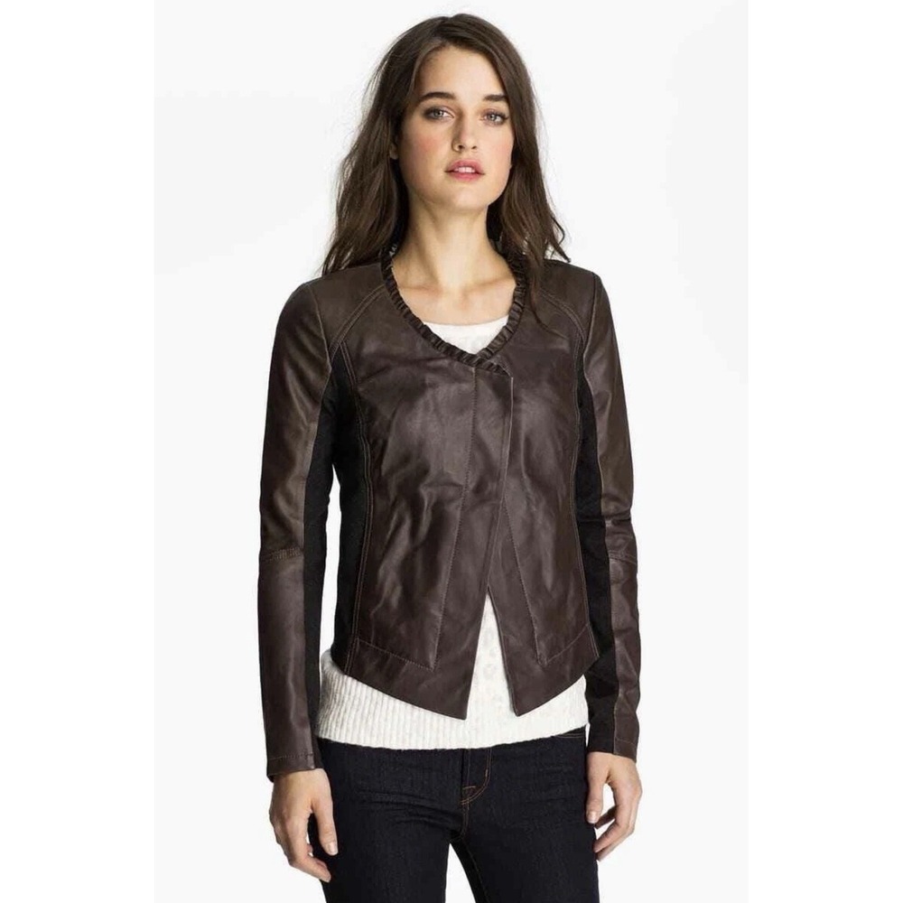 HINGE Women's Brown Leather Ruffle Jacket Size Medium M